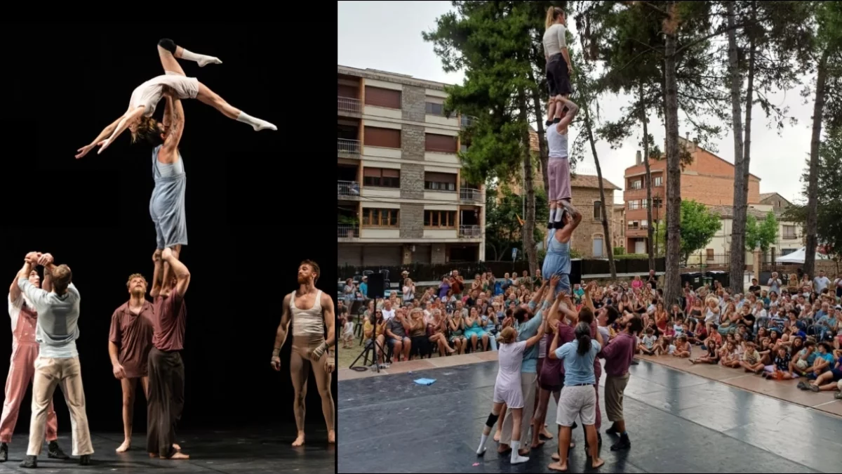Artyści teatru ulicznego i akrobaci podczas występu plenerowego 