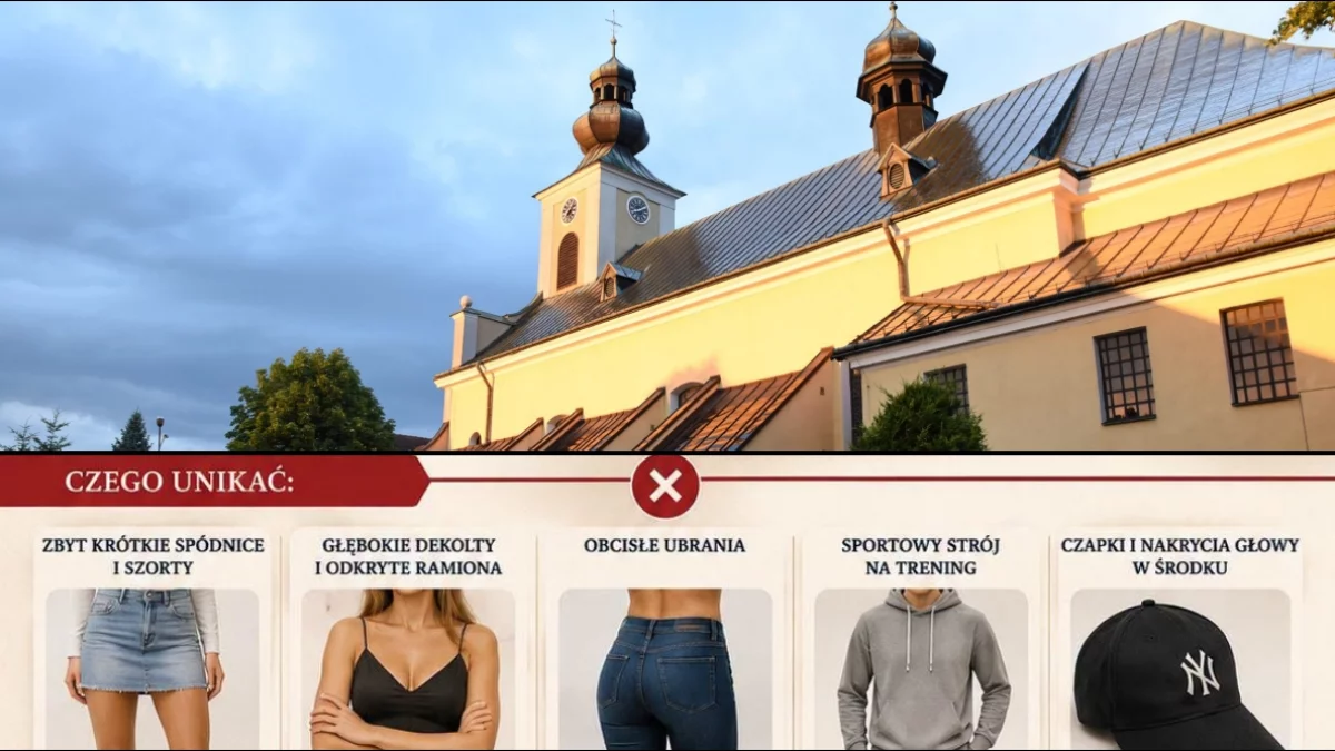 Plakat parafii w Tymbarku przedstawiający zasady godnego ubioru w kościele, z podziałem na odpowiedni i nieodpowiedni strój.