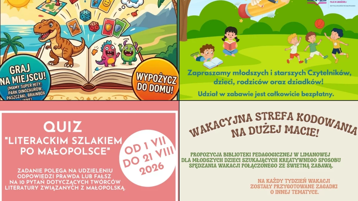 Cztery plakaty informacyjne z programem wakacyjnych wydarzeń organizowanych przez Bibliotekę Pedagogiczną w Limanowej.