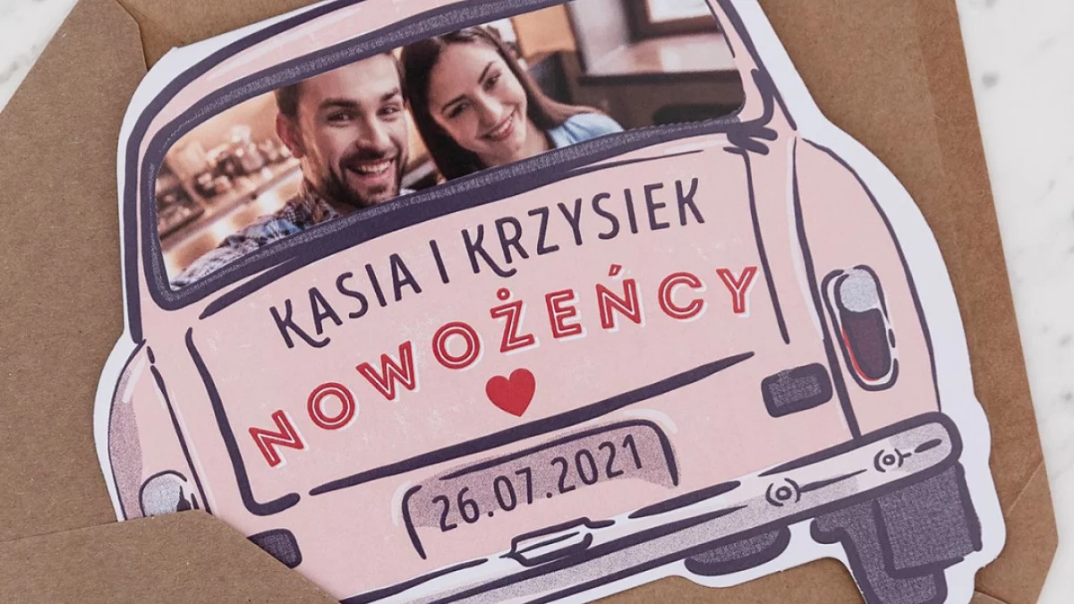 Oryginalna kartka na ślub ze zdjęciem NOWOŻEŃCY