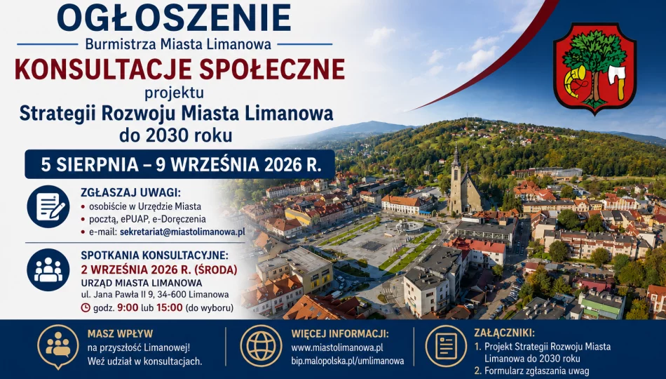 OGŁOSZENIE Burmistrza Miasta Limanowa dotyczące konsultacji społecznych projektu Strategii Rozwoju Miasta Limanowa do 2030 roku - zdjęcie 1