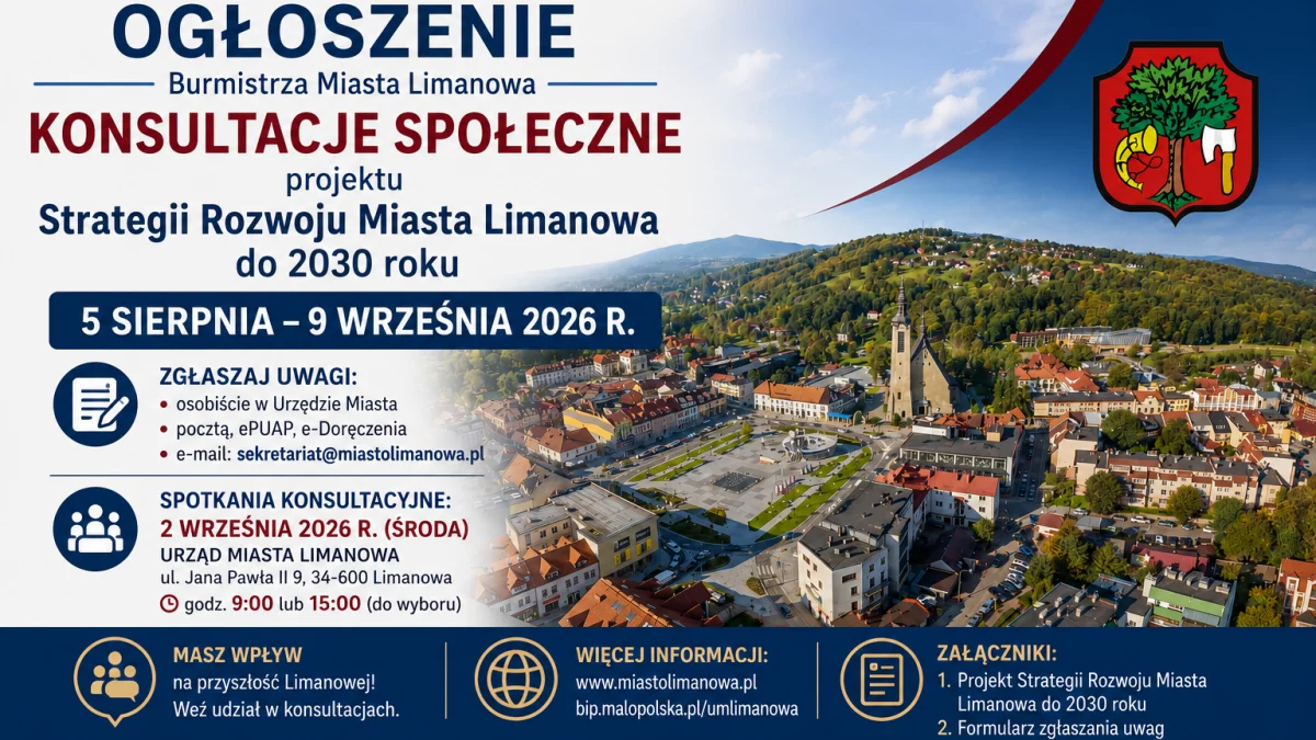 OGŁOSZENIE Burmistrza Miasta Limanowa dotyczące konsultacji społecznych projektu Strategii Rozwoju Miasta Limanowa do 2030 roku