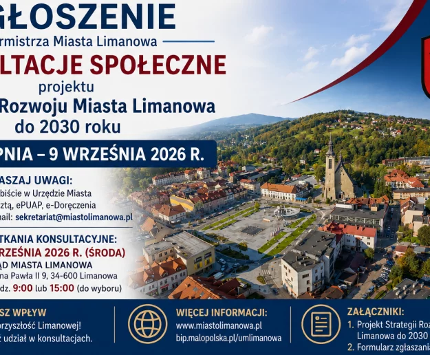 OGŁOSZENIE Burmistrza Miasta Limanowa dotyczące konsultacji społecznych projektu Strategii Rozwoju Miasta Limanowa do 2030 roku - Zdjęcie główne