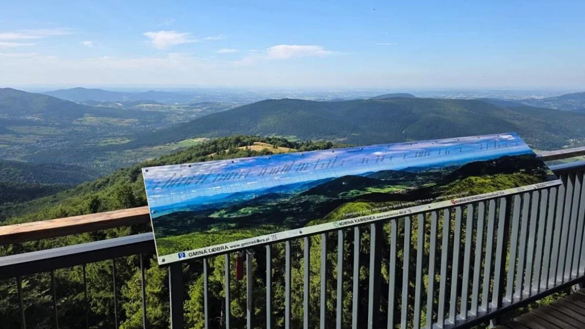 Tablica panoramiczna na platformie wieży widokowej na szczycie Mogielicy