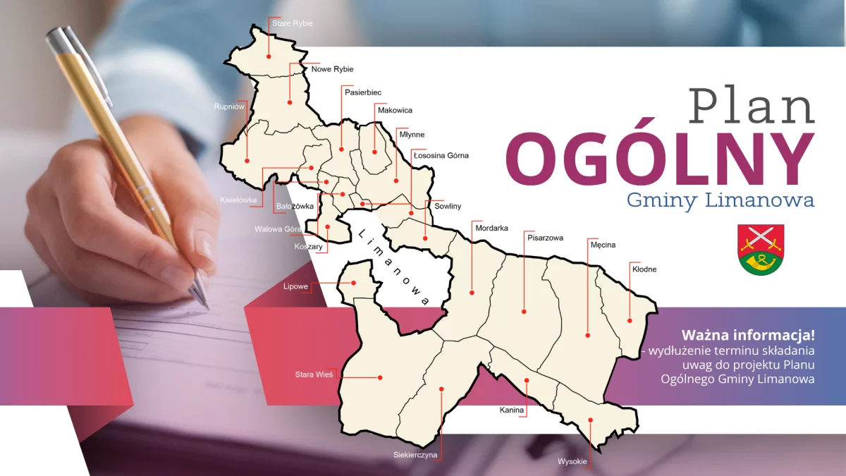 WAŻNA INFORMACJA – WYDŁUŻENIE TERMINU SKŁADANIA UWAG DO PROJEKTU PLANU OGÓLNEGO GMINY LIMANOWA