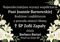 Kondolencje od poseł Barbary Bartuś po śmierci ŚP. Zofii Zapały - zdjęcie główne