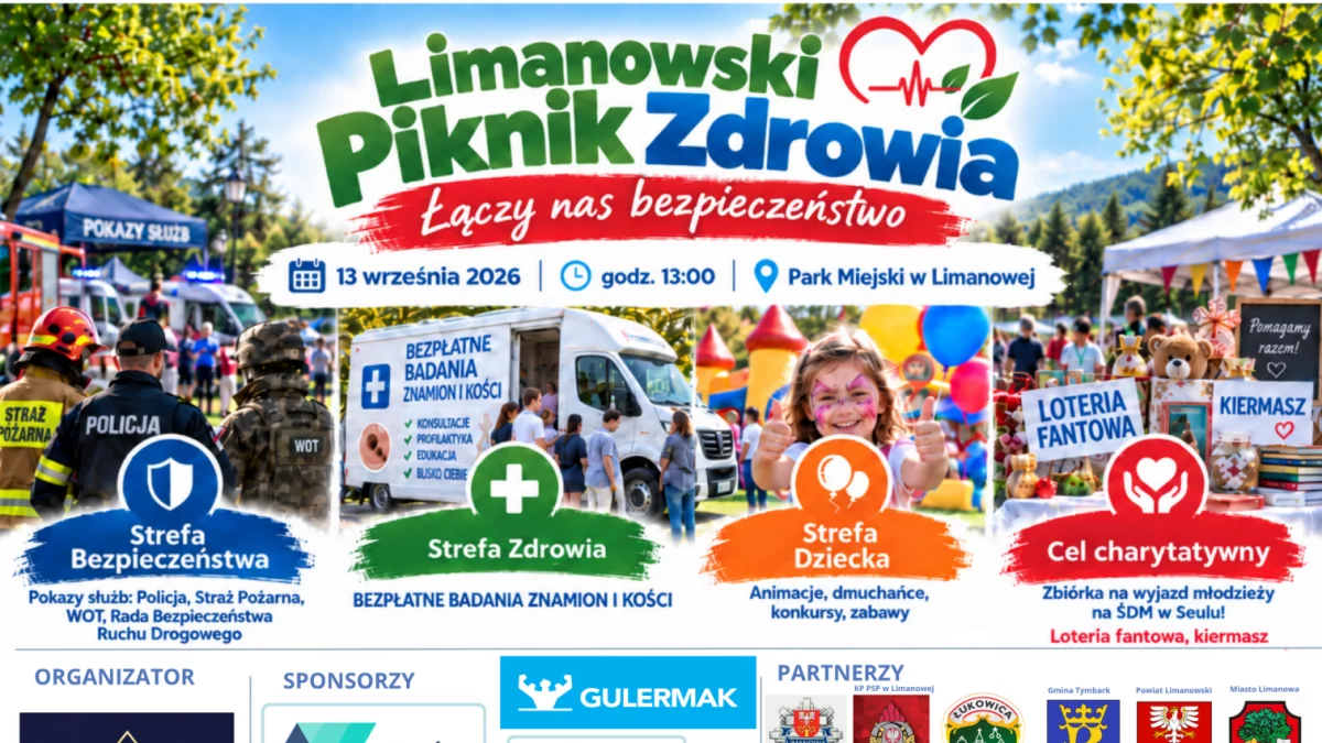 Limanowski Piknik Zdrowia - łączy nas bezpieczeństwo. Fundacja Limanowska zaprasza mieszkańców na rodzinne wydarzenie