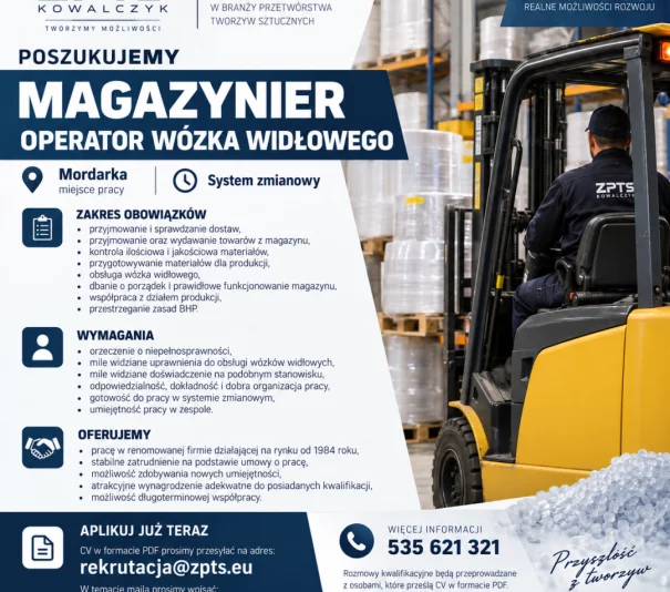 MAGAZYNIER, OPERATOR WÓZKA WIDŁWGO Z ORZECZENIEM O NIEPEŁNISPRAWNOŚCI - Zdjęcie główne