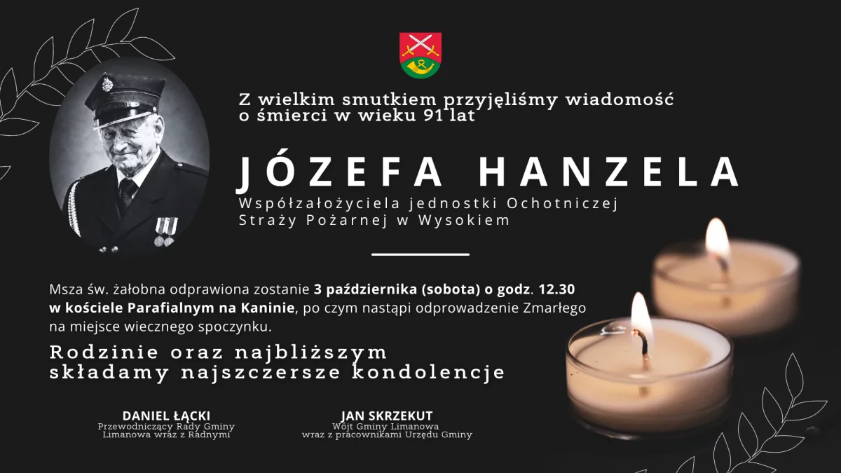 Kondolencje z powodu śmierci Józefa Hanzela współzałożyciela jednostki OSP w Wysokiem