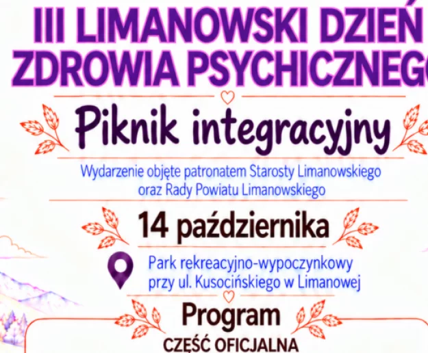III Limanowski Dzień Zdrowia Psychicznego – 14 października na terenie Parku Rekreacyjno-Wypoczynkowego przy ul. Kusocińskiego - Zdjęcie główne
