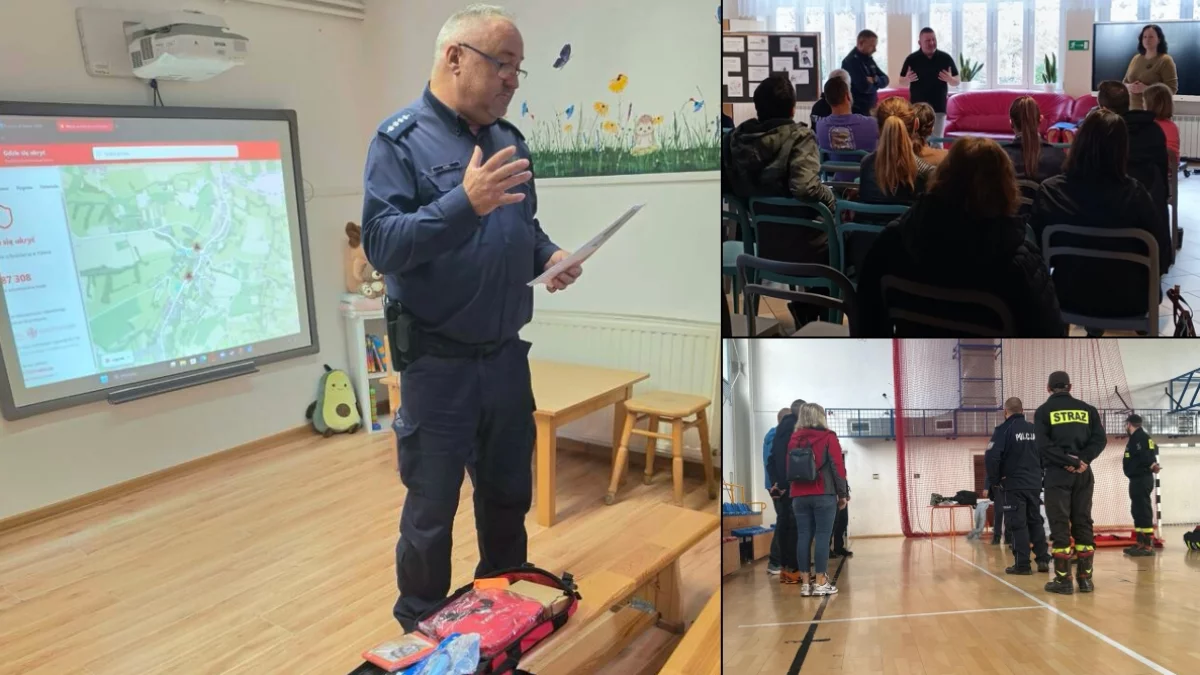 Krajowy Trening Rodzinny w powiecie limanowskim – policjanci i strażacy podczas szkolenia z reagowania na zagrożenia
