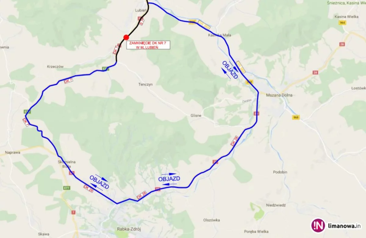 Zamknięcie 'Zakopianki' - mapa objazdu