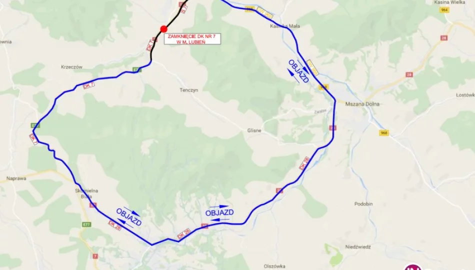 Zamknięcie 'Zakopianki' - mapa objazdu - zdjęcie 1