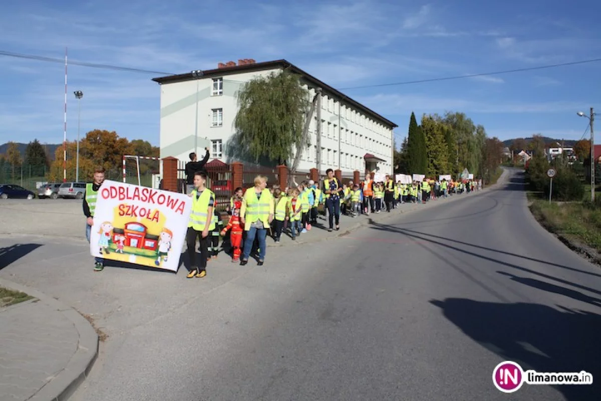 Uczniowie w barwnym korowodzie rozdawali mieszkańcom odblaski