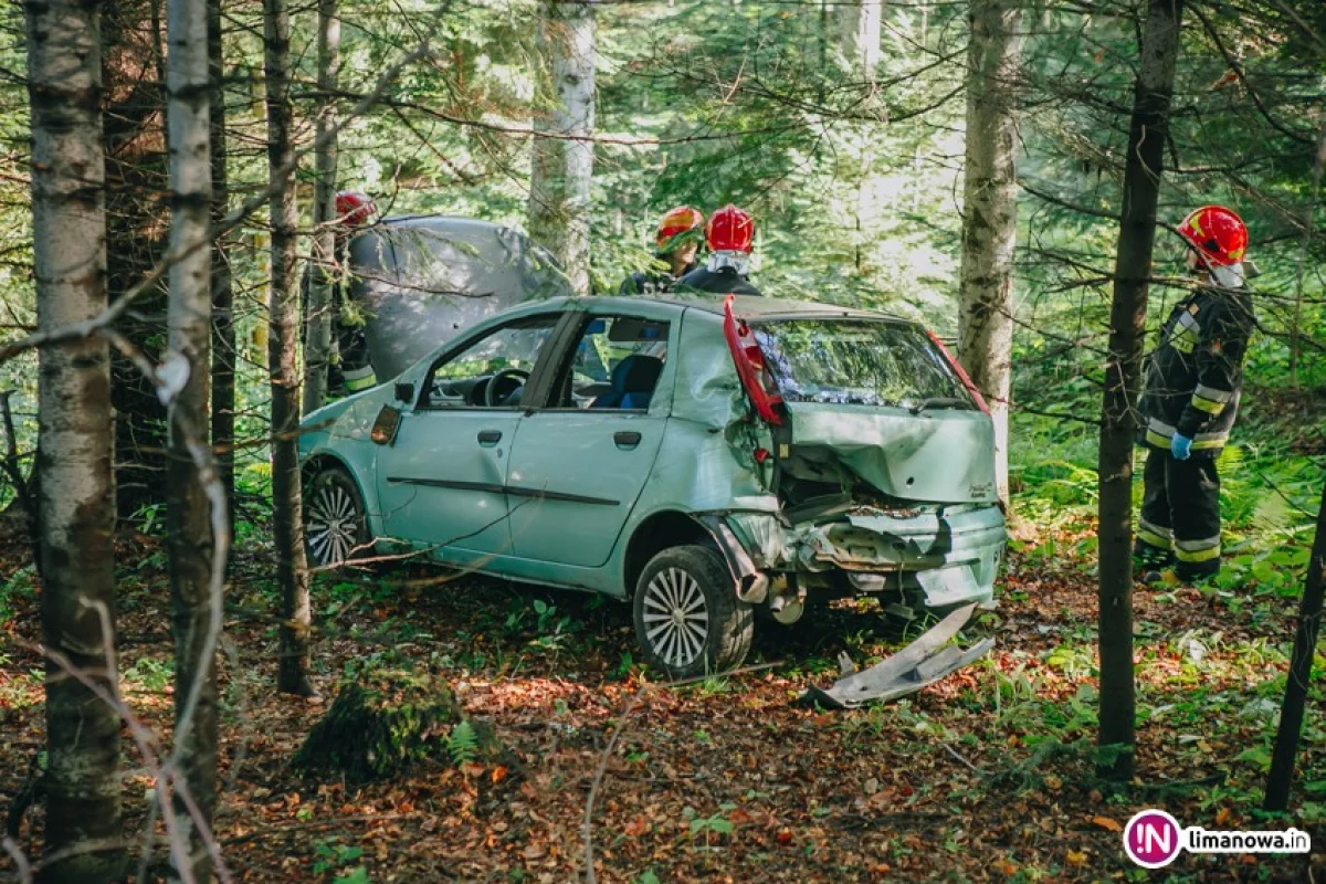 Fiat wypadł z drogi i wjechał do lasu. Dwie osoby trafiły do szpitala