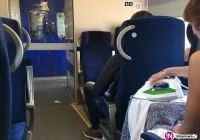 Zdjęcie młodej limanowianki podbija internet. Kobieta prasuje ubranie... jadąc pociągiem. - zdjęcie główne