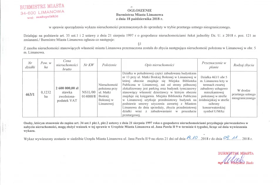 Ogloszenie Burmistrza Miasta Limanowa z dnia 18.10.2018 r.  - zdjęcie 2