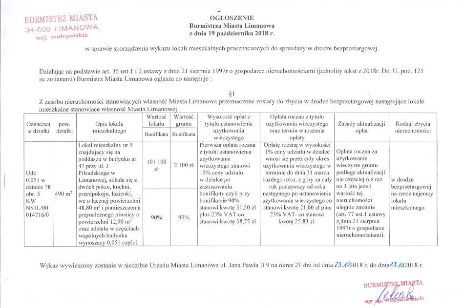 Ogłoszenie Burmistrza Miasta Limanowa z dnia 19.10.2018 r. - zdjęcie 2