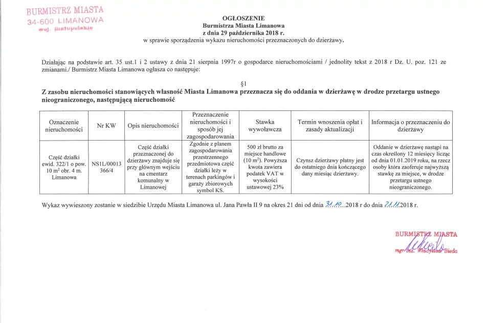 Ogłoszenie Burmistrza Miasta Limanowa z dnia 29.10.2018 roku - zdjęcie 2
