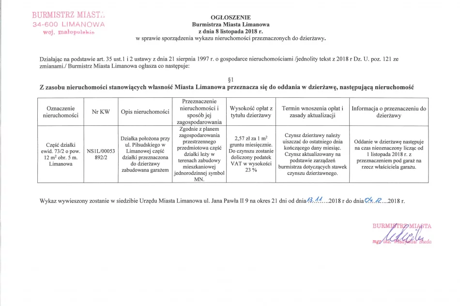 Ogłoszenie Burmistrza Miasta Limanowa z dnia 13.11.2018 r.  - zdjęcie 2
