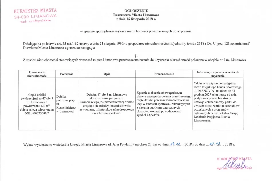 Ogłoszenie Burmistrza Miasta Limanowa z dnia 16.11.2018 roku dot. wywieszenia wykazu nieruchomości przeznaczonych do użyczenia, część działki 47 obr 5 m. Limanowa.  - zdjęcie 2