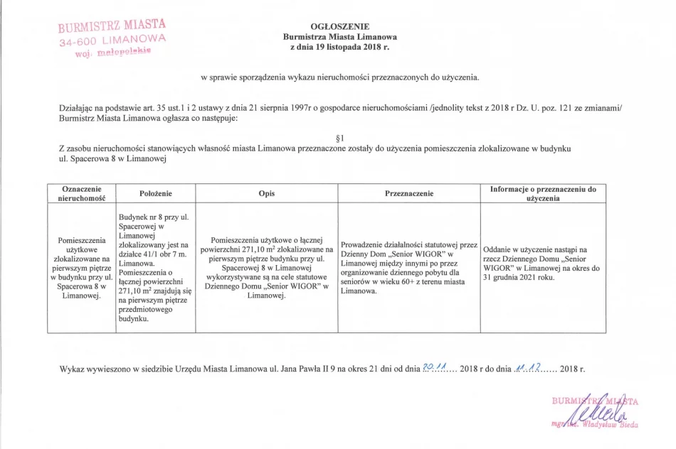Ogłoszenie Burmistrza Miasta Limanowa z dnia 19.11.2018 roku.  - zdjęcie 2