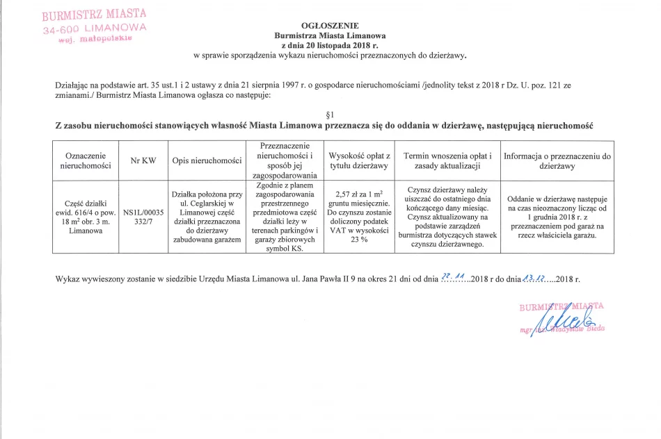 Ogłoszenie Burmistrza Miasta Limanowa z dnia 20.11.2018 r.  - zdjęcie 2