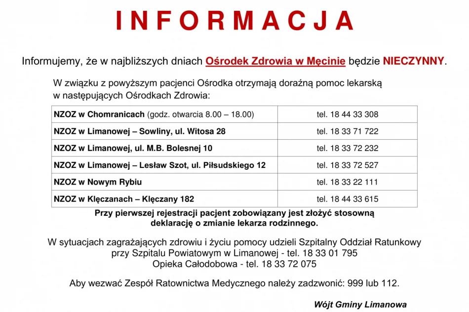 NZOZ w Męcinie nieczynny, opieka lekarska zapewniona w innych Ośrodkach Zdrowia - zdjęcie 2