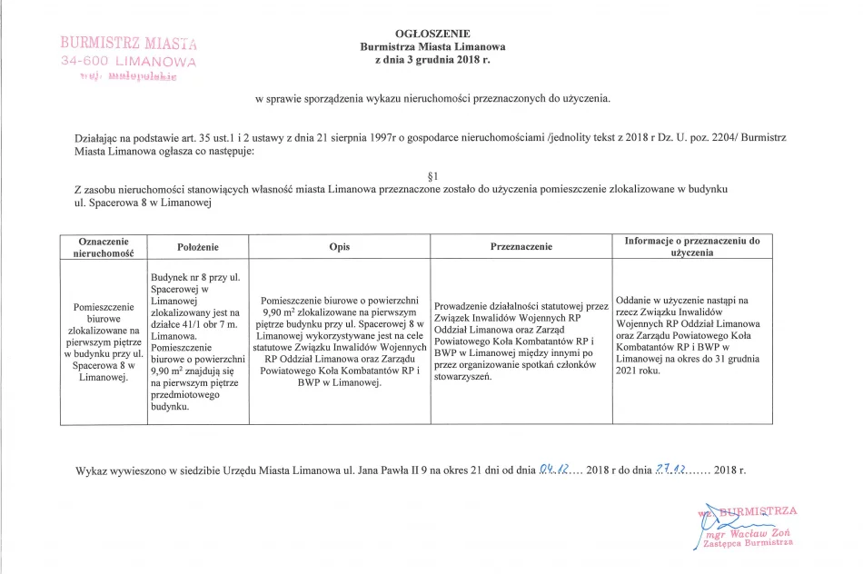 Ogłoszenie Burmistrza Miasta Limanowa z dnia 04.12.2018 r.  - zdjęcie 2