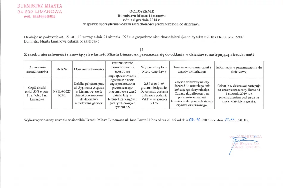Ogłoszenie Burmistrza Miasta Limanowa z dnia 06.12.2018 - zdjęcie 2