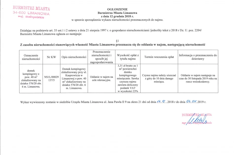 Ogloszenie Burmistrza Miasta Limanowa z dnia 12.12.2018 roku  - zdjęcie 2