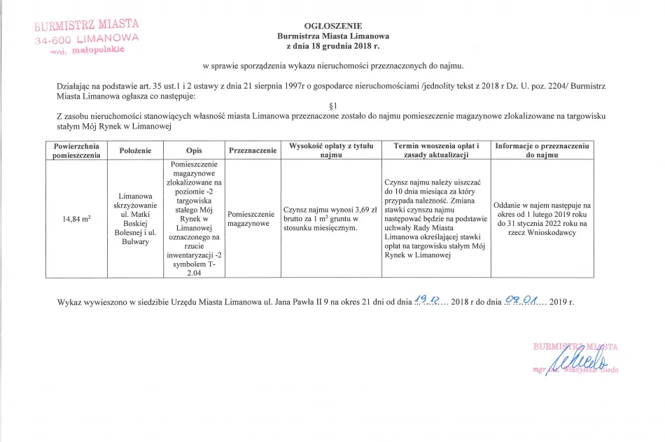Ogłoszenie Burmistrza Miasta Limanowa z dnia 18.12.2018 r.  - zdjęcie 2