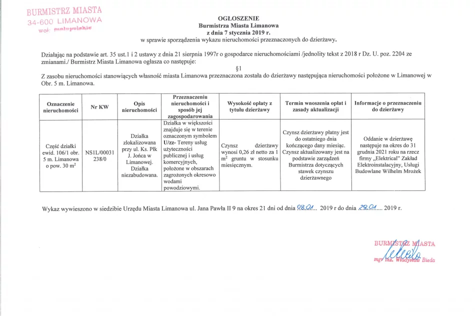 Ogłoszenie Burmistrza MIasta Limanowa z dnia 08.01.2019 r.  - zdjęcie 2