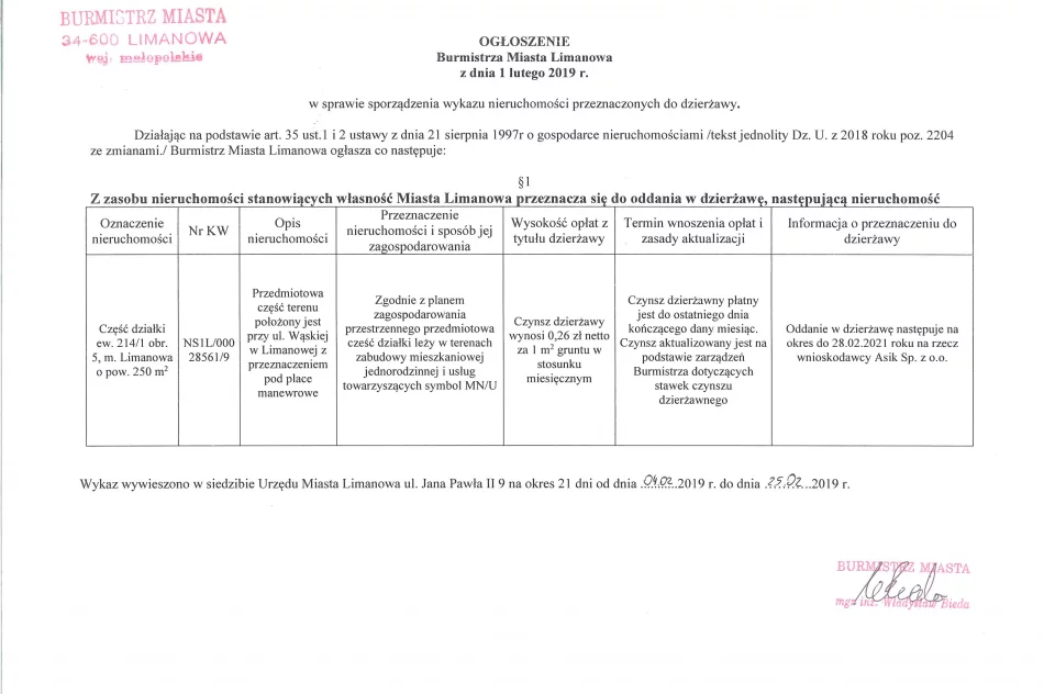 Ogłoszenie Burmistrza Miasta Limanowa z dnia 01.02.2019 r.  - zdjęcie 2