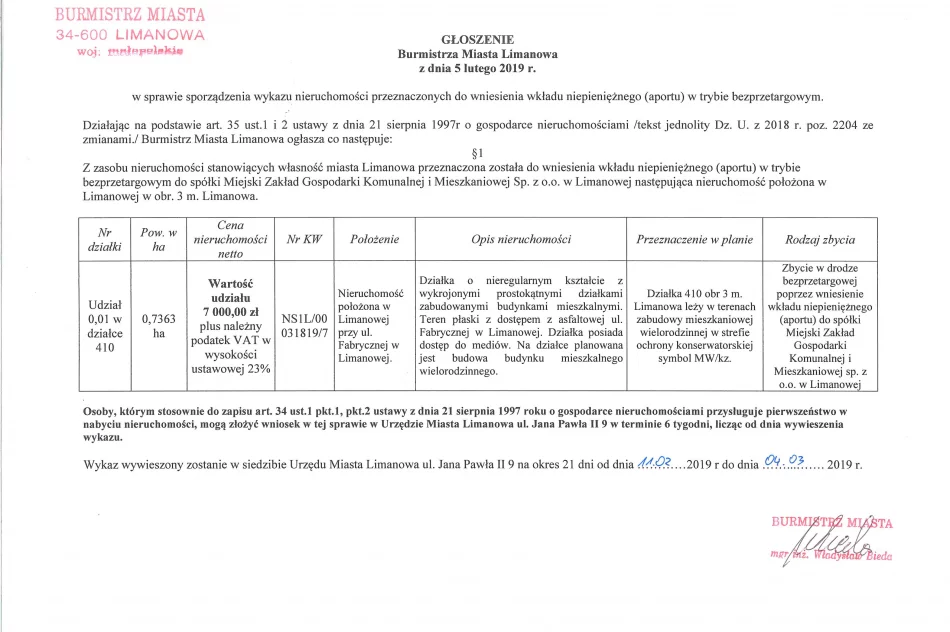 Ogłoszenie Burmistrza Miasta Limanowa z dnia 05.02.2019 r.  - zdjęcie 2