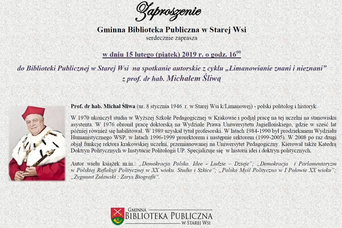 Spotkanie autorskie z cyklu „Limanowianie znani i nieznani” z prof. dr hab. Michałem Śliwą