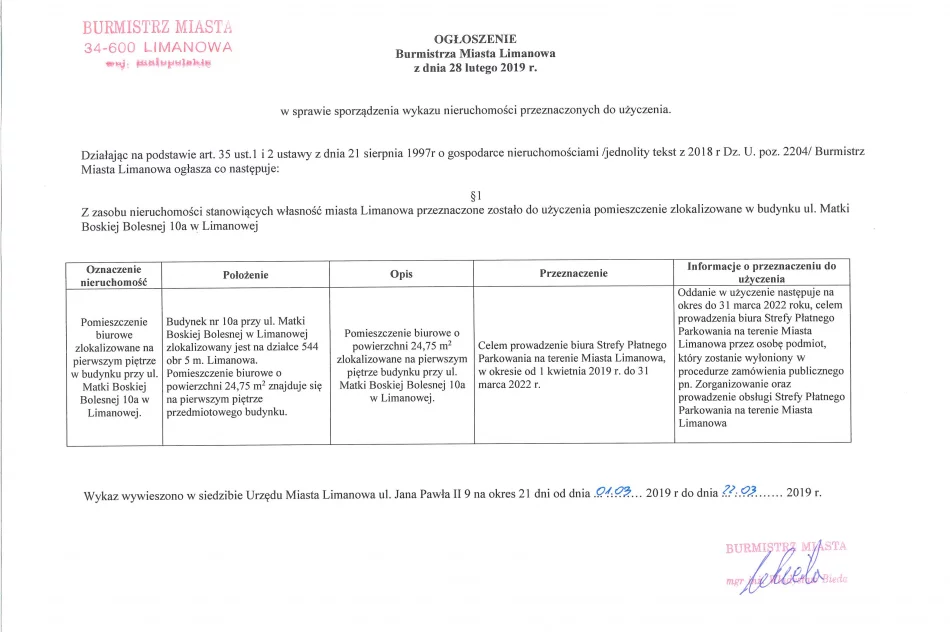 Ogłoszenie Burmistrza Miasta Limanowa z dnia 28.02.2019 r.  - zdjęcie 2