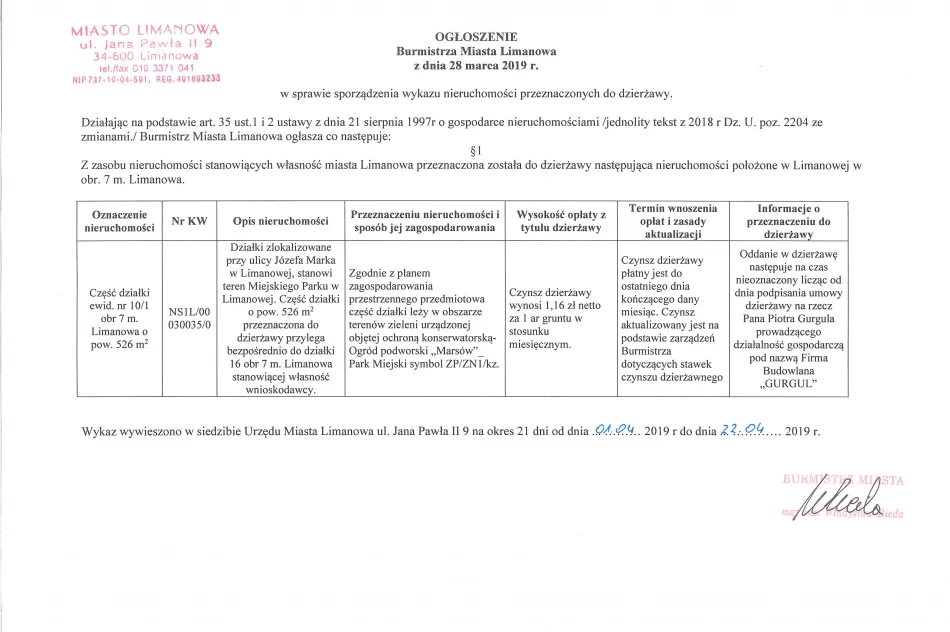Ogłoszenie Burmistrza Miasta Limanowa z dnia 28.03.2019 r. - zdjęcie 2