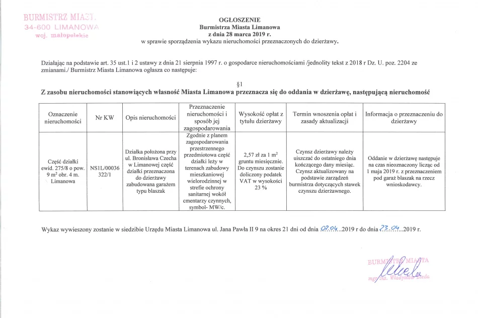 Ogłoszenie Burmistrza Miasta Limanowa z dnia 28.03.2019 - zdjęcie 2