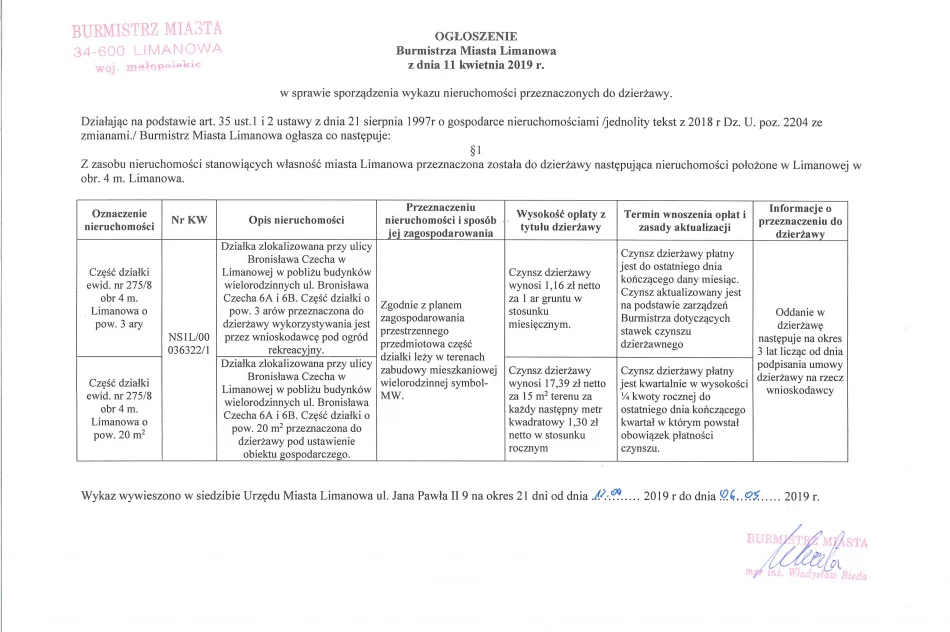 Ogłoszenie Burmistrza MIasta Limanowa z dnia 11.04.2019 r.  - zdjęcie 2