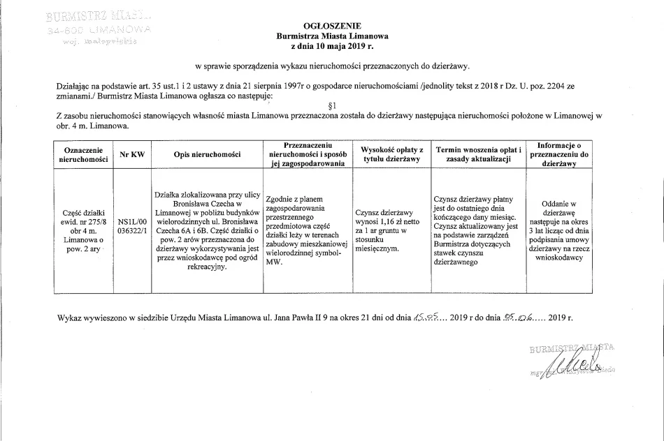 Ogłoszenie Burmistrza Miasta Limanowa z dnia 10.05.2019 - zdjęcie 2