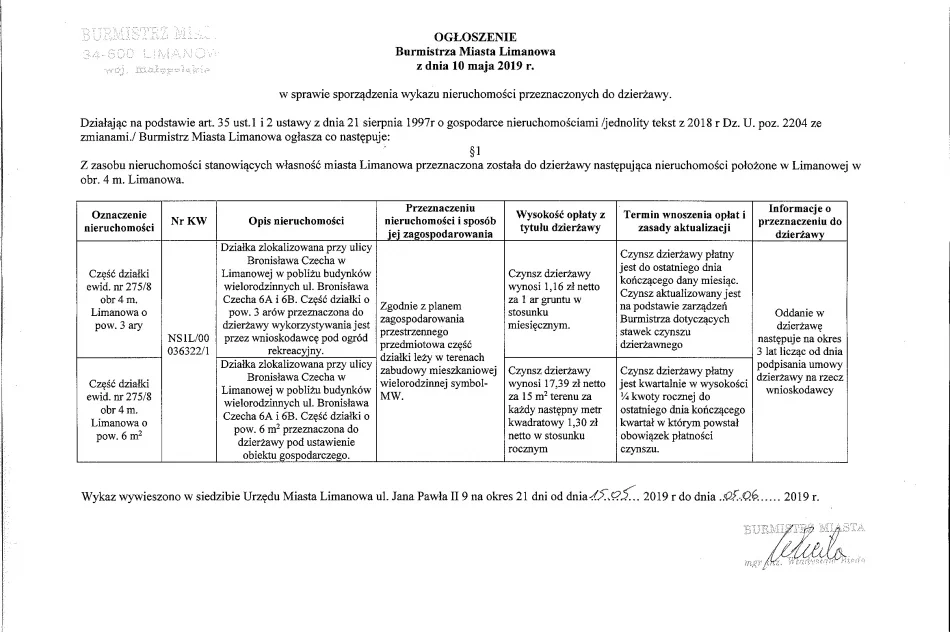 Ogłoszenie Burmistrza Miasta Limanowa z dnia 10.05.2019 r.  - zdjęcie 2