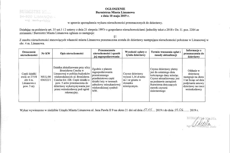 Ogłoszenie Burmistrza Miasta Limanowa z dnia 10.05.2019 r.  - zdjęcie 2