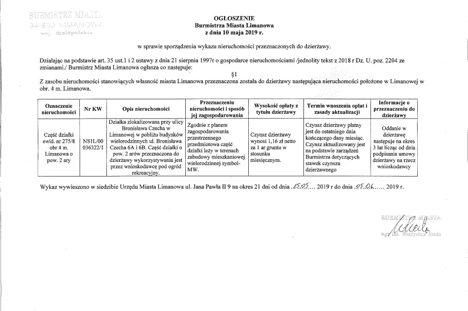 Ogloszenie Burmistrza Miasta Limanowa z dnia 10.05.2019 r.  - zdjęcie 2
