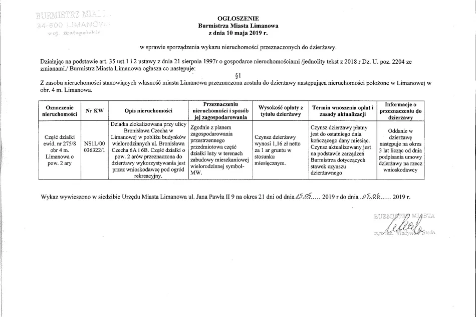 Ogłoszenie Burmistrza Miasta Limanowa z dnia 10.05.2019 r.  - zdjęcie 2