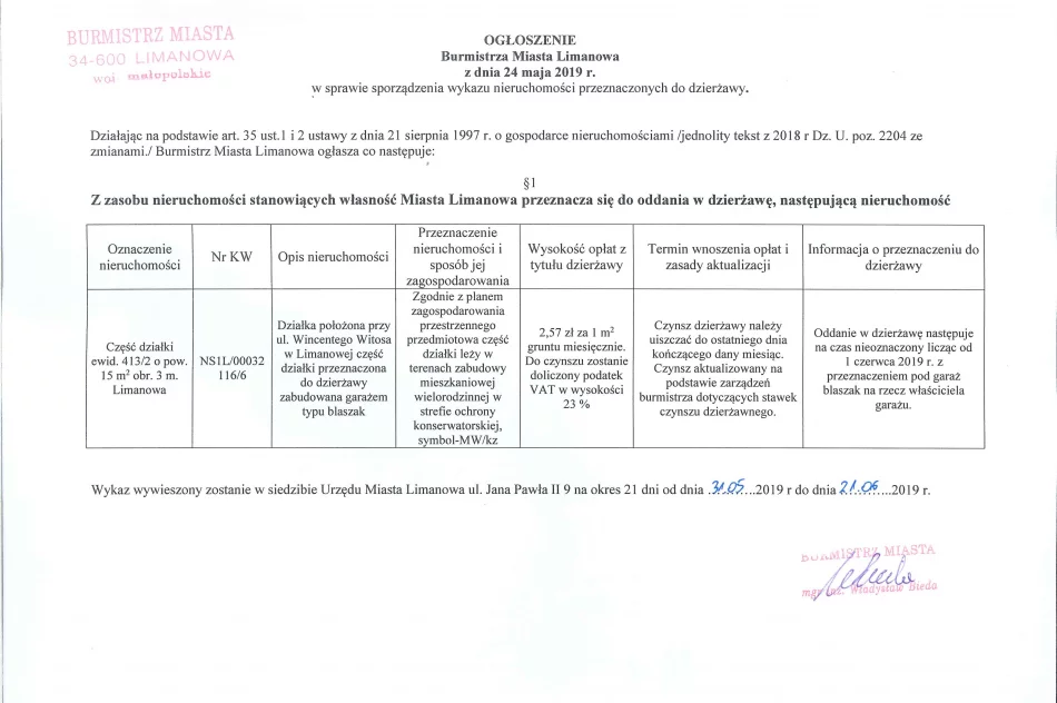 Ogłoszenie Burmistrza Miasta Limanowa z dnia 24.05.2019 r.  - zdjęcie 2