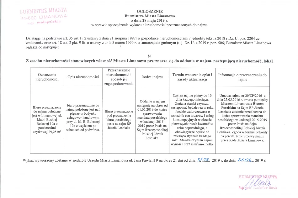 Ogłoszenie Burmistrza Miasta Limanowa z dnia 28.05.2019 r.  - zdjęcie 2