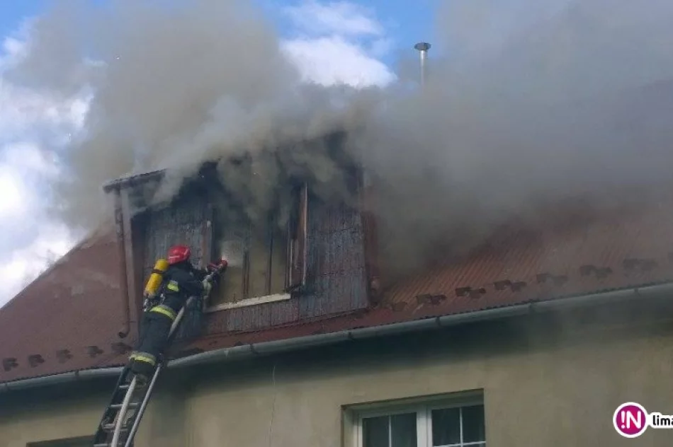 Pożar na poddaszu domu, na miejscu pracują strażacy - zdjęcie 3