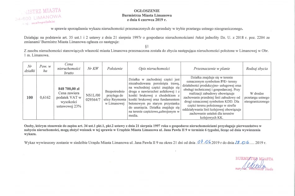 Ogłoszenie Burmistrza Miasta Limanowa z dnia 06.06.2019 r. dotyczące przeznaczenia do zbycia w drodze przetargu ustnego nieograniczonego działki 100 obr 1 m. Limanowa - zdjęcie 2