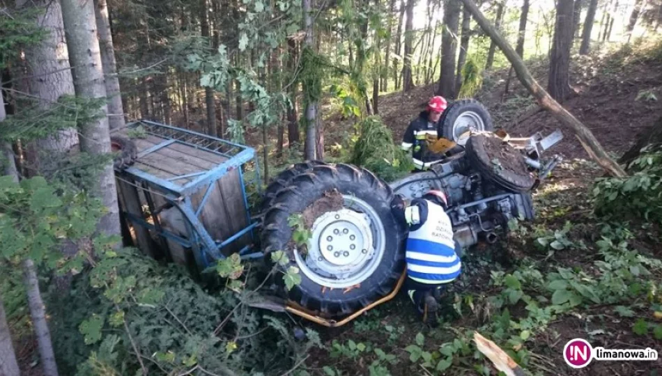 Ciągnik zsunął się ze skarpy i zatrzymał w lesie. Jedna osoba trafiła do szpitala - zdjęcie 1